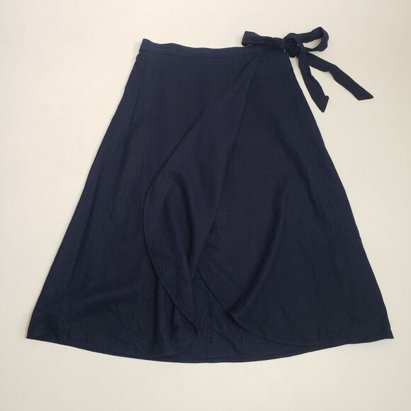 J.Crew Factory Petite Linen-Blend Faux-Wrap Skirt Women's PS Navy Linen Classic - Picture 10 of 16